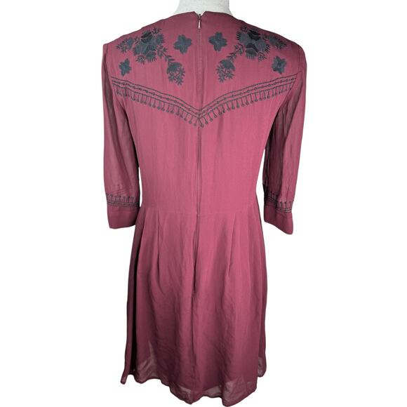 French Connection Vintage Embroidered Dress Burgundy Black Fit and Flare 6 - Picture 6 of 8